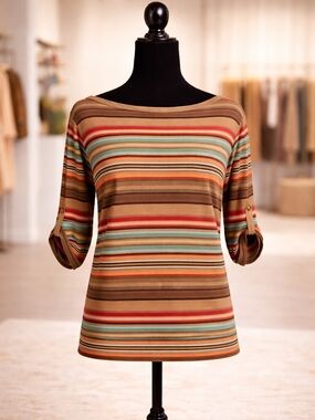 Ralph Lauren Striped Roll-Tab Short Sleeve Top in Brown Multi